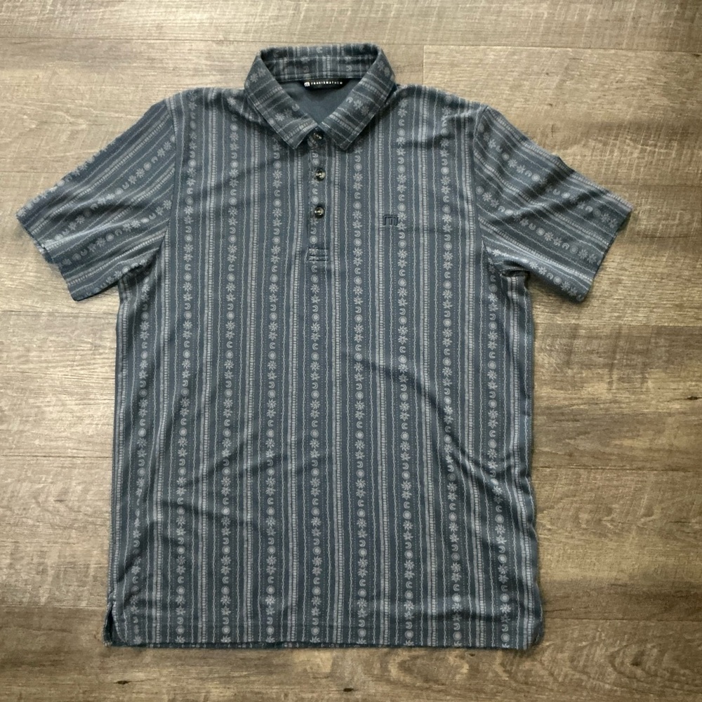 Travis Mathew Polo Shirt Mens Large Blue Striped Nature Print Sun Moon Floral